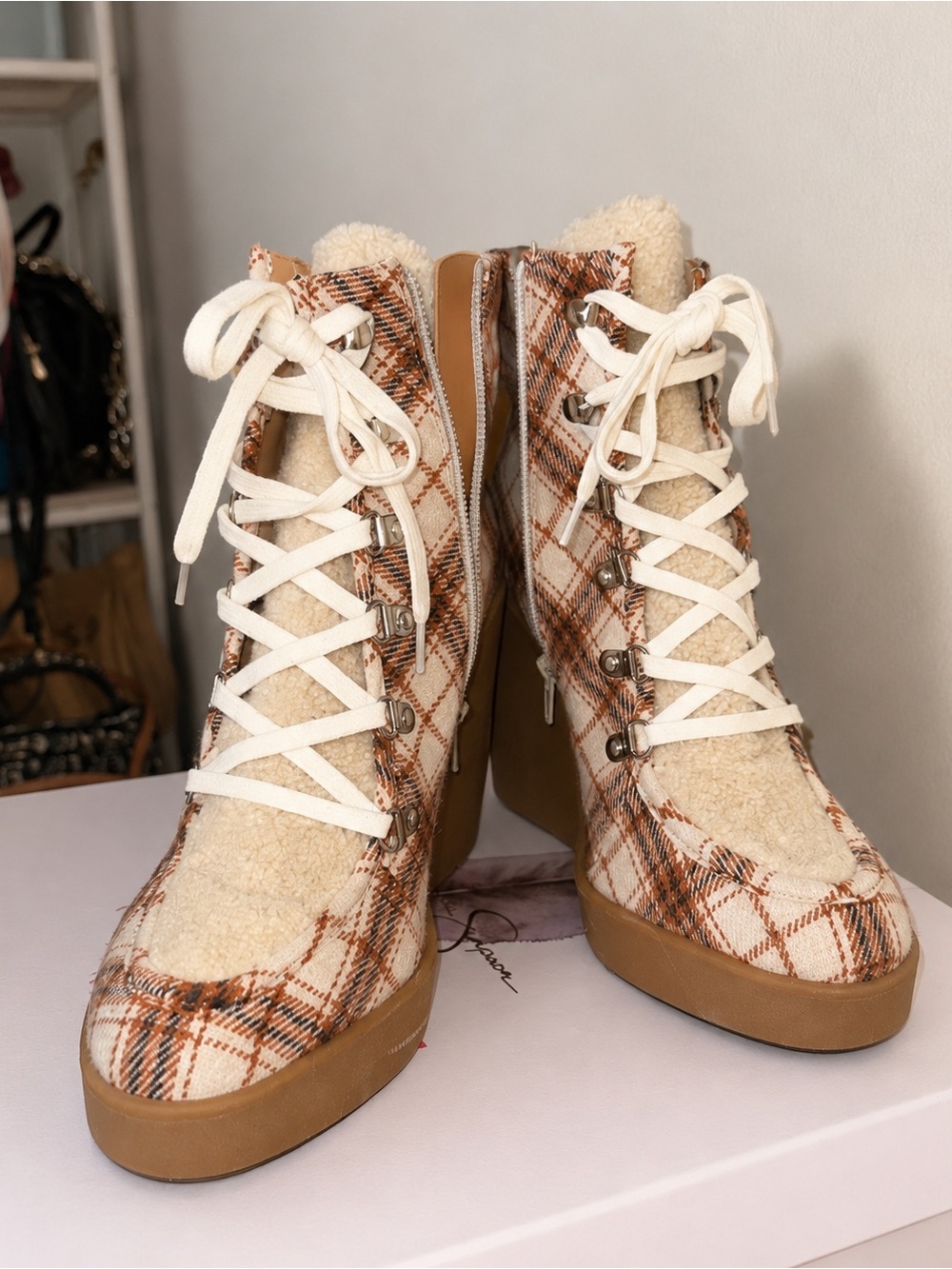 New Jessica Simpson Maxwell Plaid Combo Wedge Boots Size 10